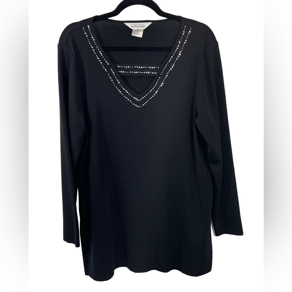 Misook‎ Black V-Neck Rhinestone Embellished Knit Sweater Top Size MEDIUM